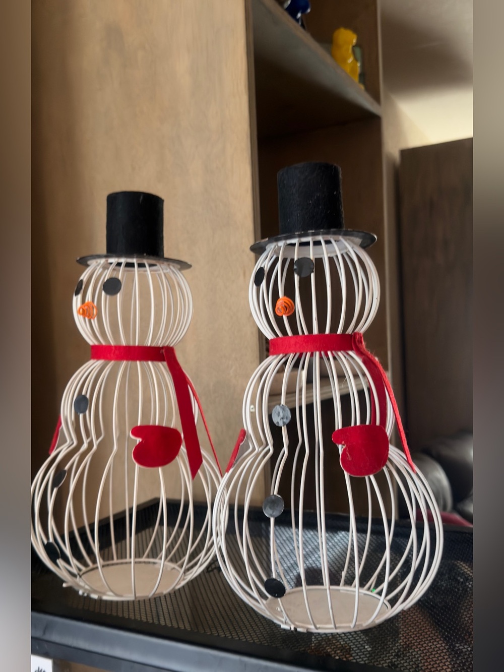 Decorative White Wire Snowman Pair with Red Accents